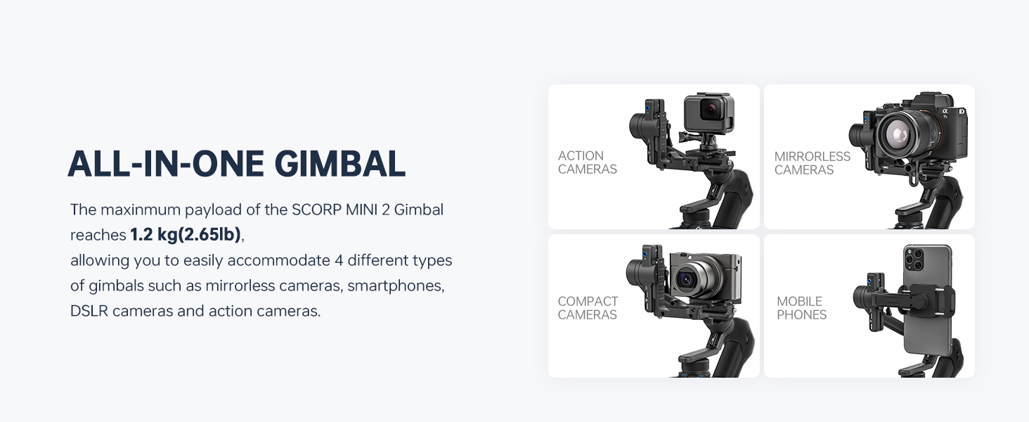 Accommodates 4 different types of heads such as smartphones, mirrorless, DSLRs and action cameras.