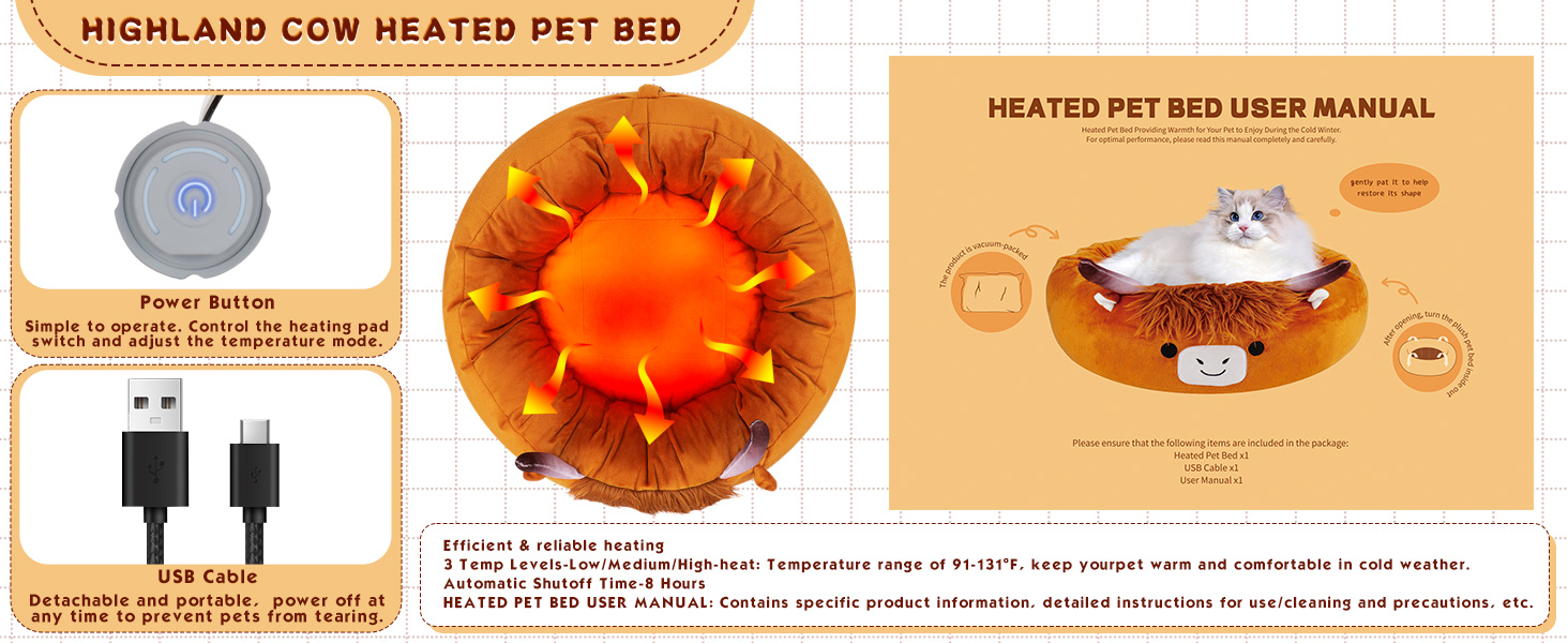 Heated pet bed plush highland cow