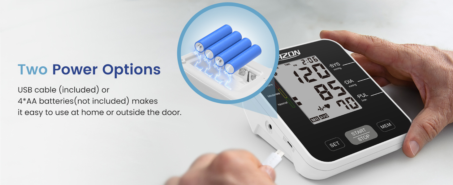 Digital blood pressure monitor with large display, showing systolic and diastolic readings. Two power options: USB cable and batteries, suitable for home or outdoor use.