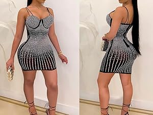 Lrady Women Sexy Spaghetti Strap Hot Drilling See Through Sheer Mesh Bodycon Club Party Mini Dress