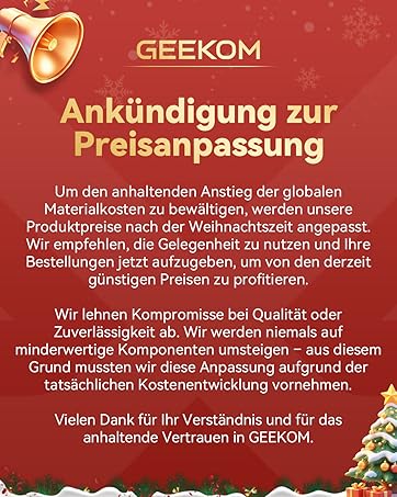 Der Text lautet „GEEKOM Ankündigung zur Preisanpassung“, gefolgt von einem deutschen Text, der die Preisanpassungsmitteilung mit rotem Hintergrund und Glockensymbol erklärt.