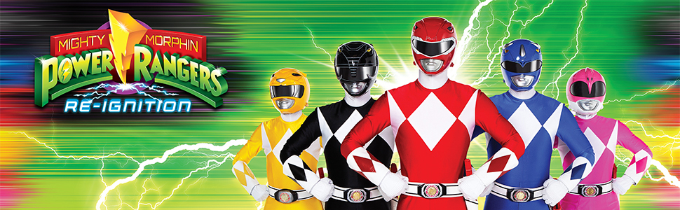 Text reads 'MIGHTY MORPHIN POWER RANGERS RE-IGNITION'. Banner shows costumed Power Rangers in classic poses against green background with lightning effects.