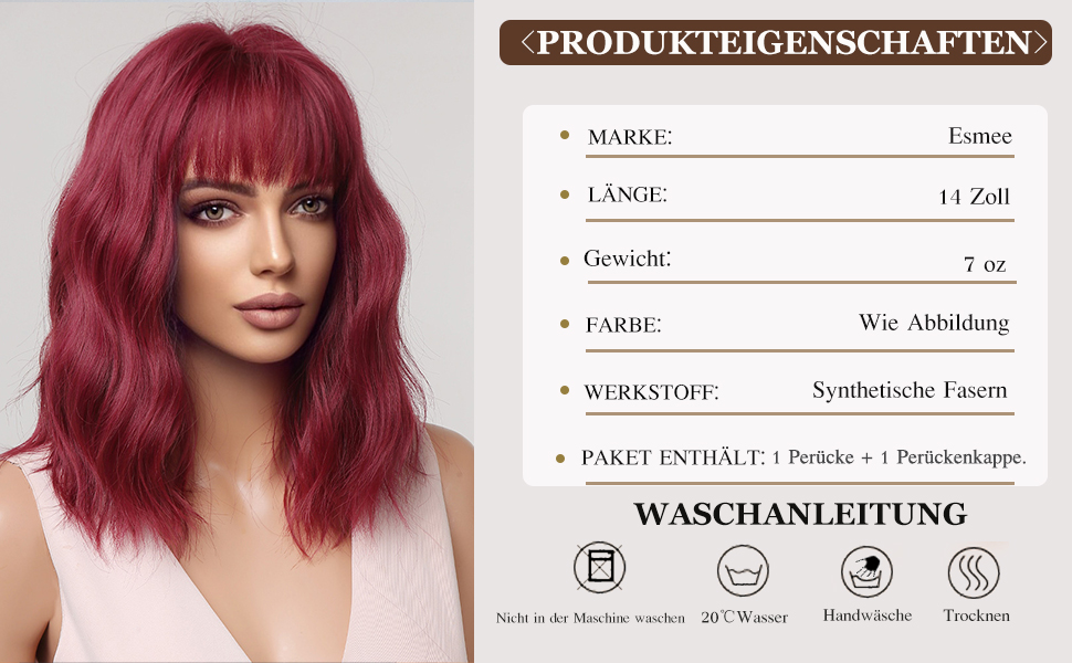 Esmee Kurze Welle Rot Bob Perücken mit Pony 