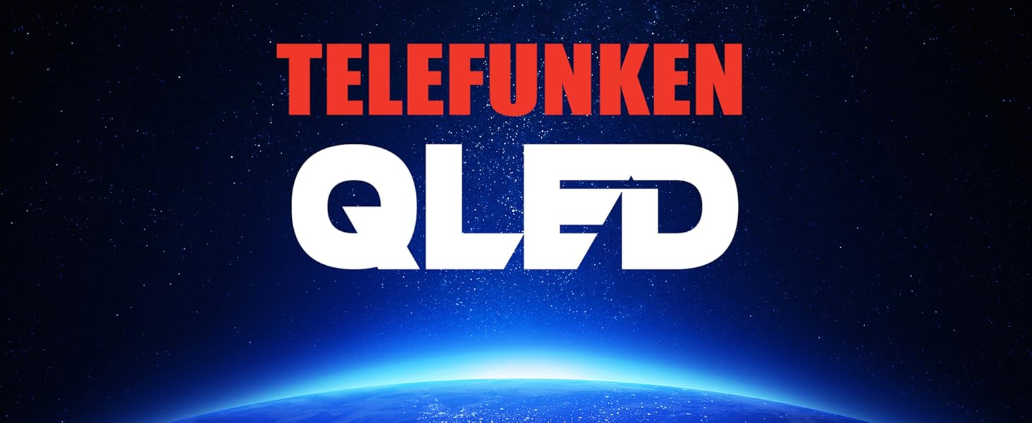 Telefunken QLED-Logo auf dunklem Hintergrund mit blauem Licht, das von der Unterseite ausgeht und auf Werbung für Displaytechnologie hindeutet