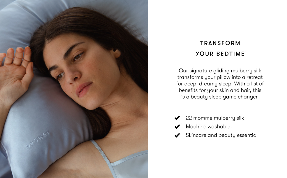 Photo of girl lying of a Drowsy blue belle pillowcase with text explaining benefits of silk