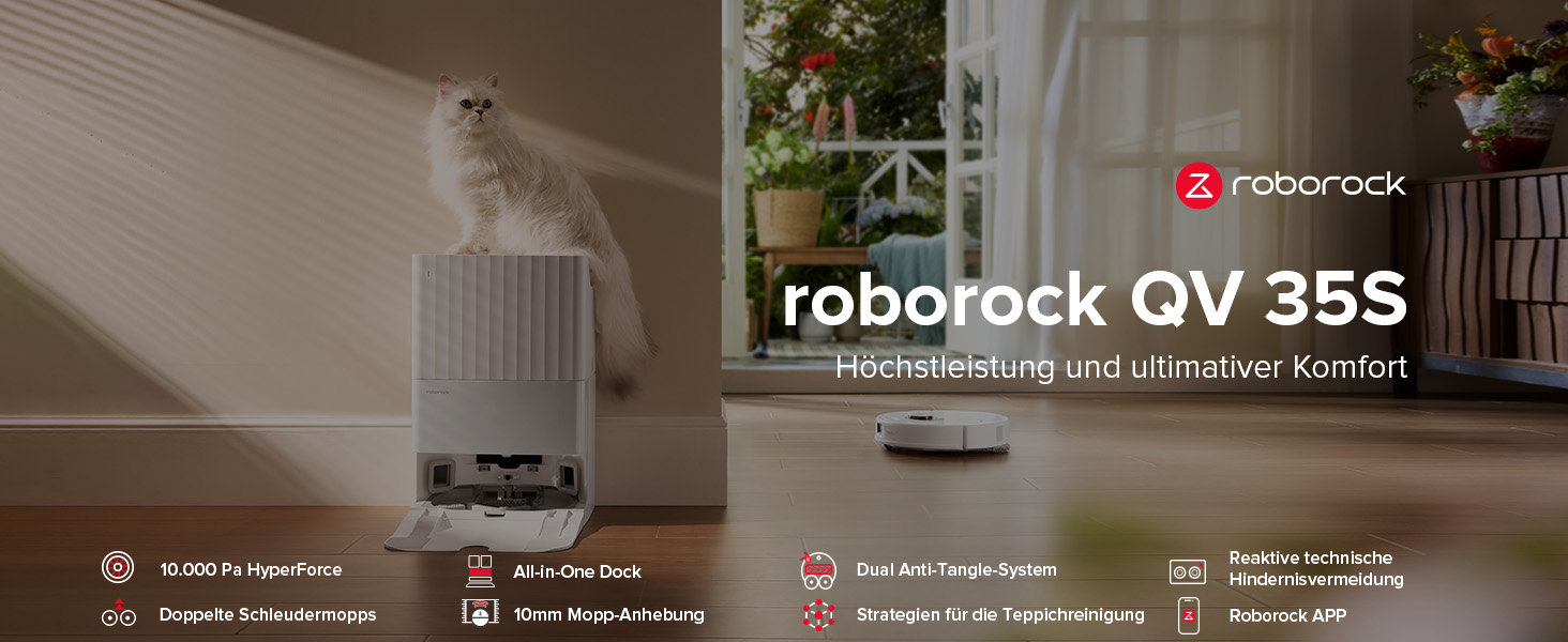 Roborock QV 35S Roboterstaubsauger mit vertikalem Design, hoher Saugkraft und fortschrittlicher Hinderniserkennung. Katze, die in einer häuslichen Umgebung auf dem Gerät sitzt