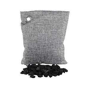 Gray Charcoal Bag with Pile of Bamboo Charcoal Front View