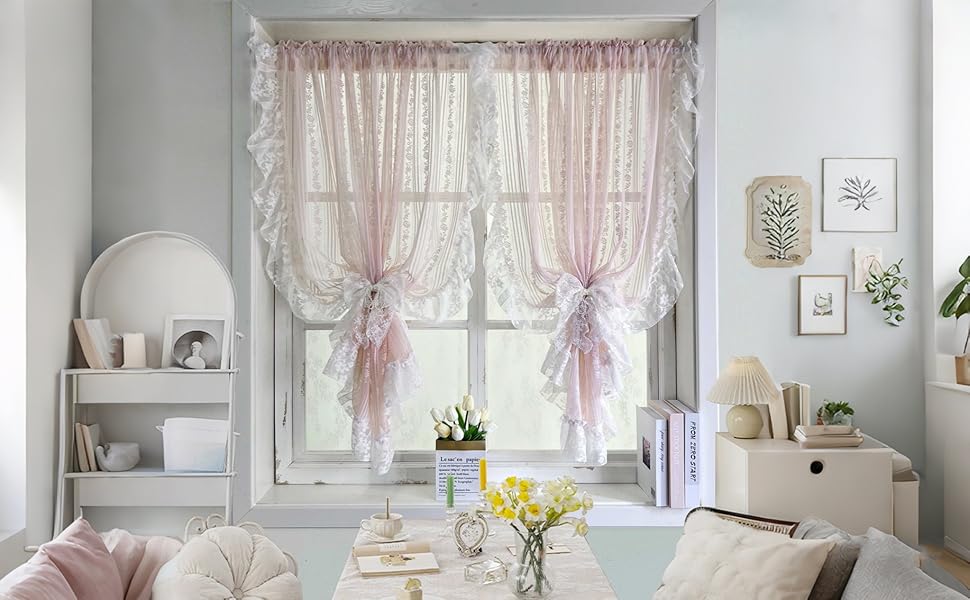 pink lace curtain with ruffles
