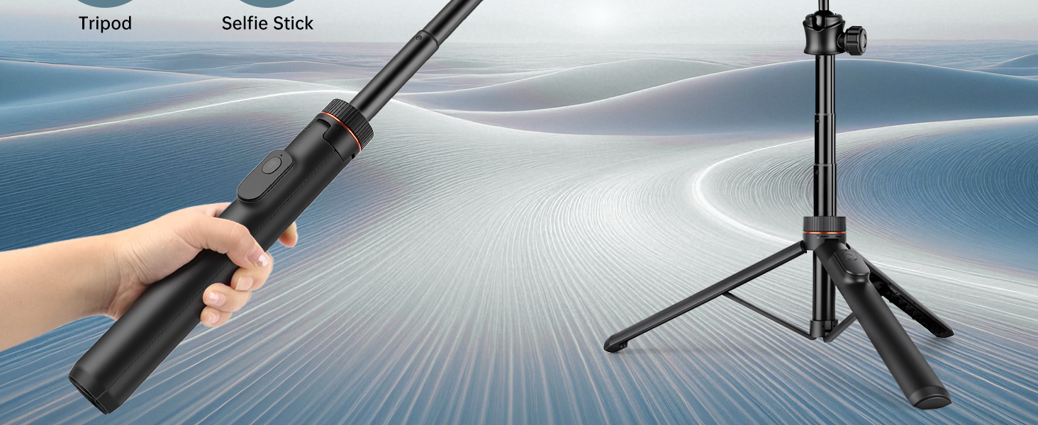 Text reads 'Tripod' and 'Selfie Stick'. Multiple views of a black handheld device that can transform between a selfie stick and a tripod stand configuration.