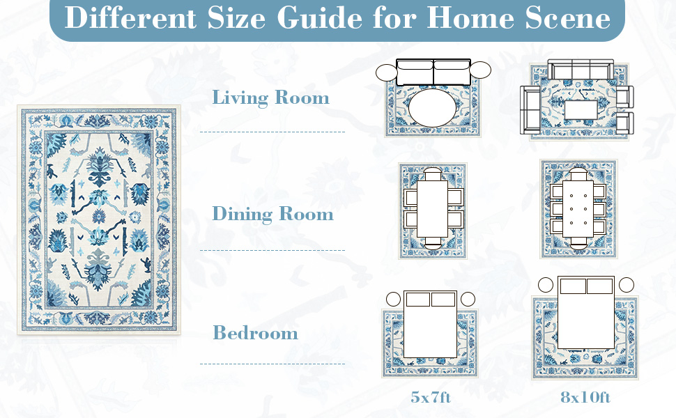 Uphome 8x10 Rugs for Living Room, Blue Turkish NonSlip