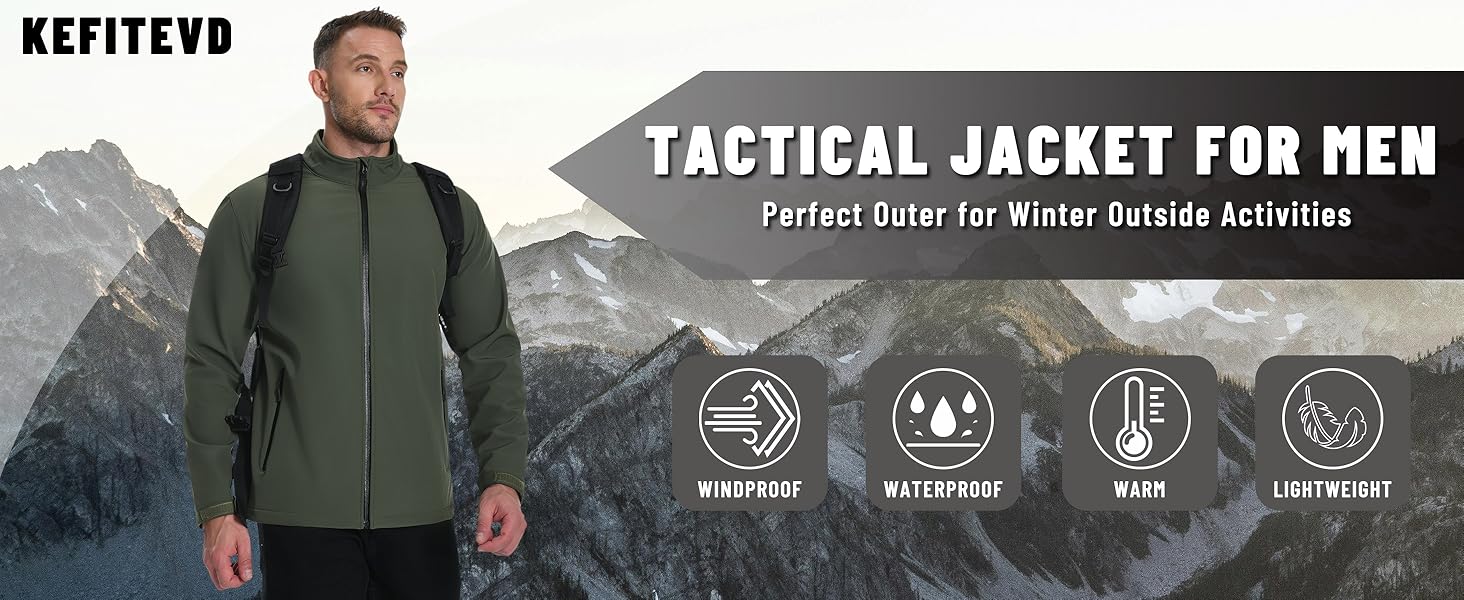KEFITEVD Men's Tactical Jacket Fleece Lined Softshell Jackets Waterproof Jacket Outdoor Hunting Coat
