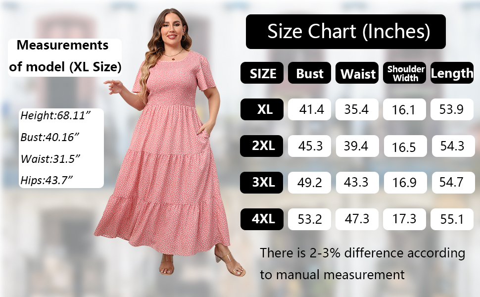 Plus size tiered Boho Maxi Dress Size Chart