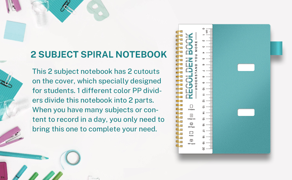 RegoldenBook 2 subject notebook college ruled with pocket and dividers, multi