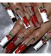 SINHOT Square Press on Nails - Long Fake Nails, Glossy Finish, Cherry Rhinestones & White French ...