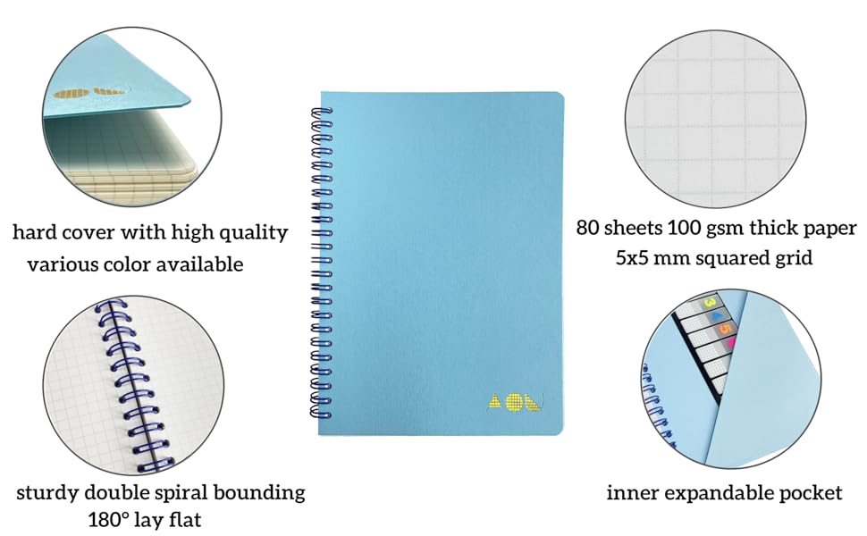AOU Graph Paper Notebook, Spiral Journal with 100gsm Grid
