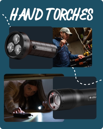 Promotional image for hand torches showing two usage scenarios: outdoor nighttime use and close-up inspection with focused beam lighting.