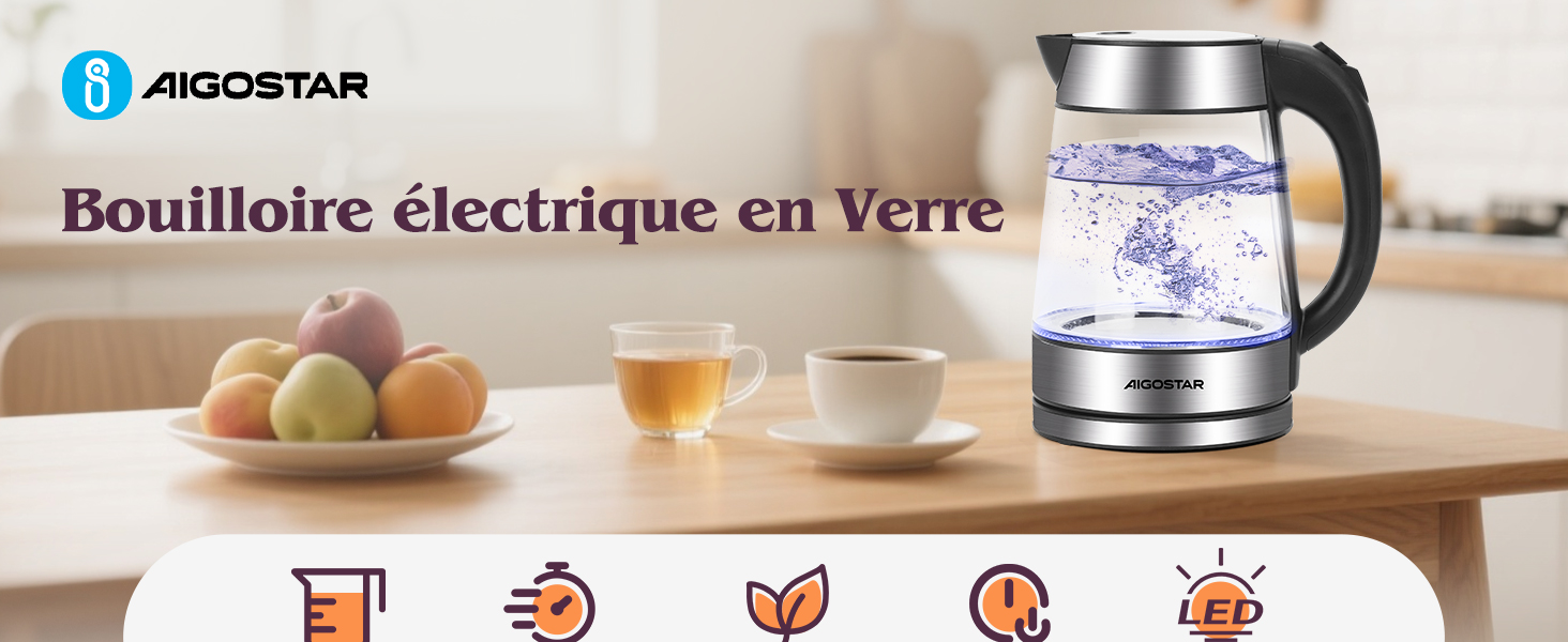 Le texte indique « Bouilloire électrique en vert ». Rangée d'icônes illustrant diverses fonctions ou caractéristiques avec des formes circulaires et des illustrations linéaires simples.