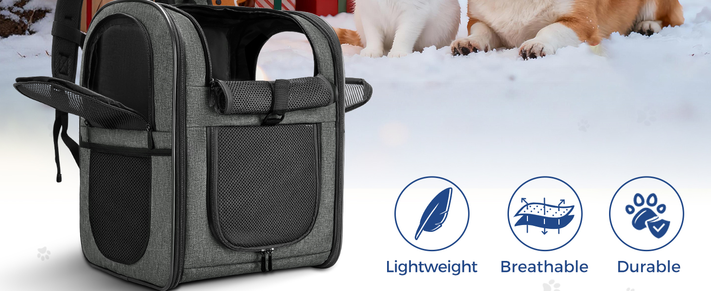 Gray pet carrier tote with mesh panels and three icons indicating 'Lightweight', 'Breathable', and 'Durable' features