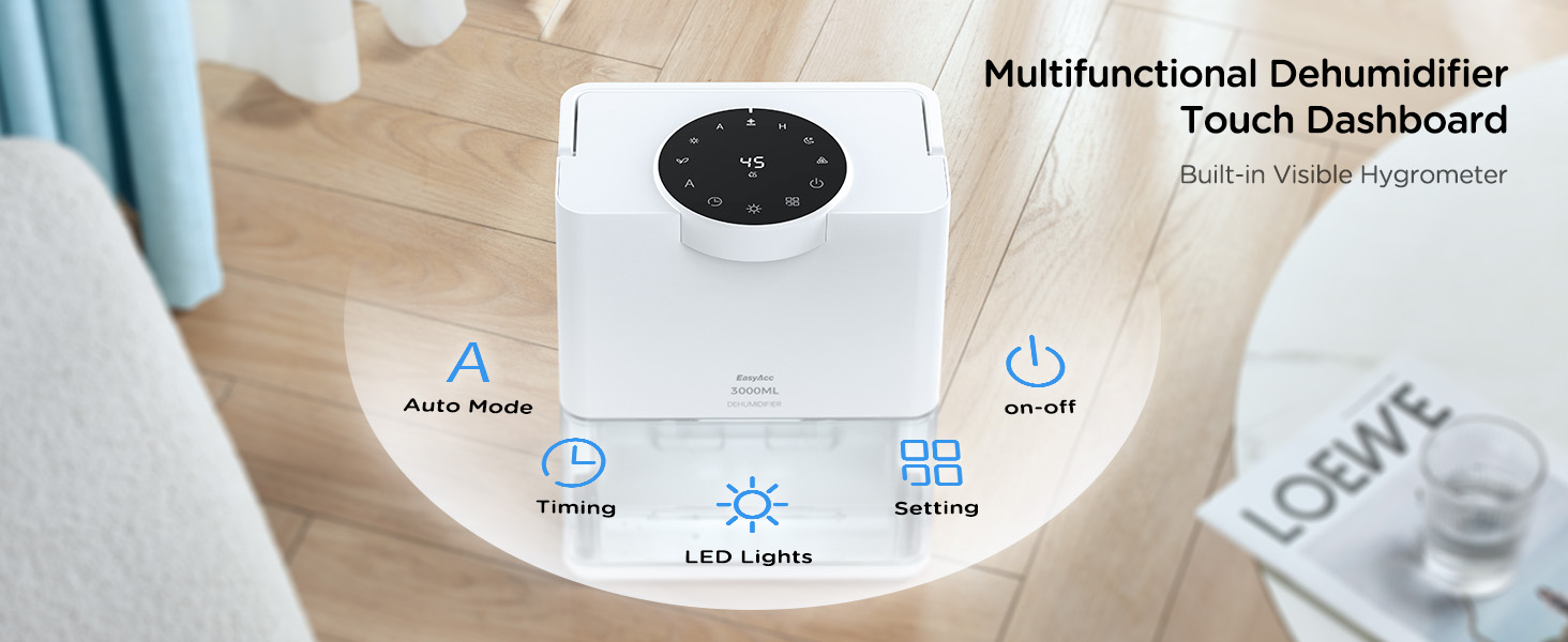 EasyAcc Dehumidifier 3L, Newly Touch Operation Humidity Setting & Dual
