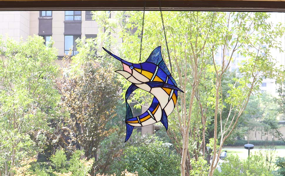Bieye W10081 Blue Atlantic Marlin Sailfish Tiffany Style Stained Glass