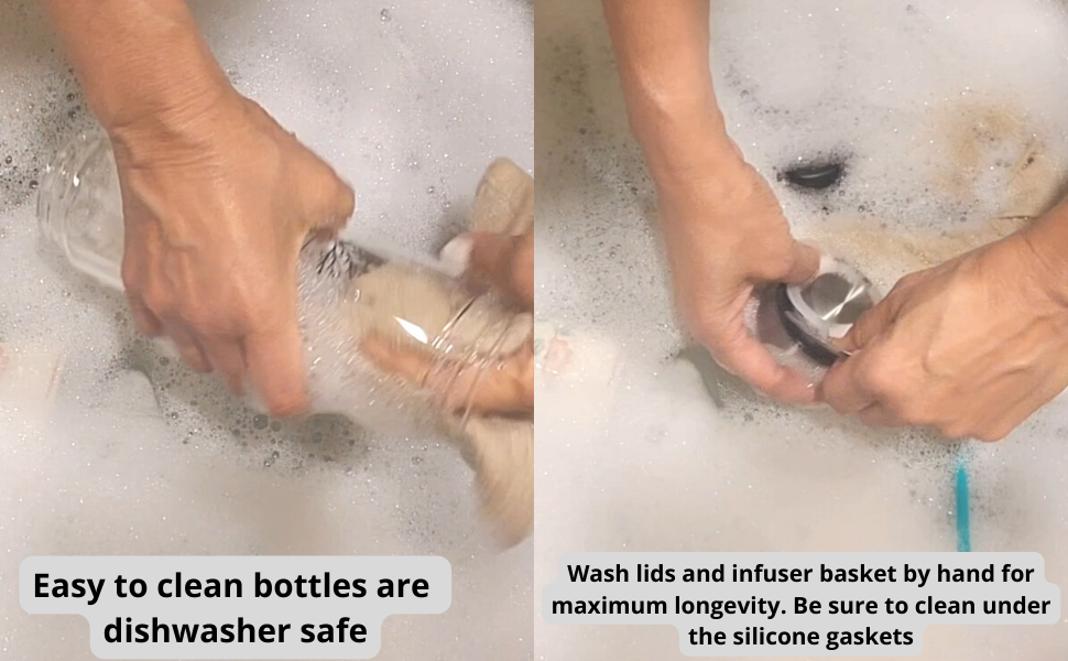 User washing their insulated water bottle and tea tumbler with infusers by hand