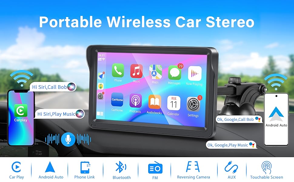 Wireless Apple Carplay Portable Car Stereo and Android Auto
