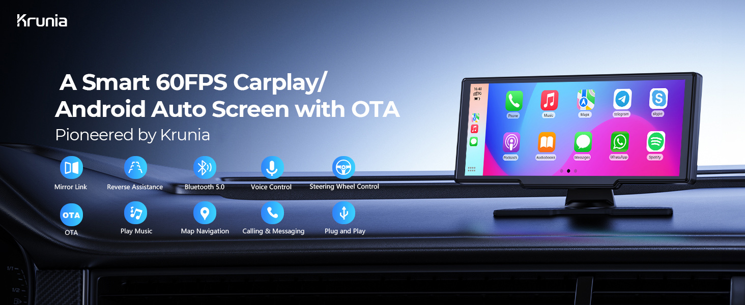 Car display unit showing CarPlay/Android Auto interface with 60FPS screen, featuring multiple app icons and OTA update capability mounted on dashboard.