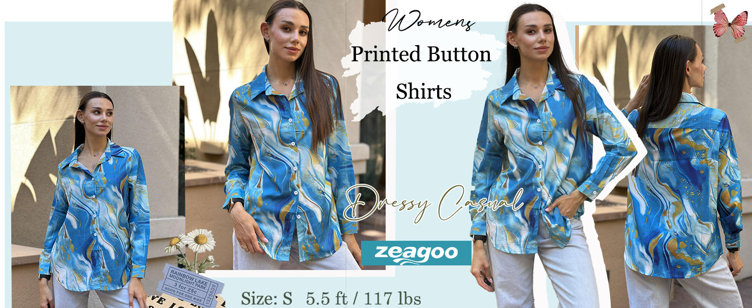 women blue printed button up shirts