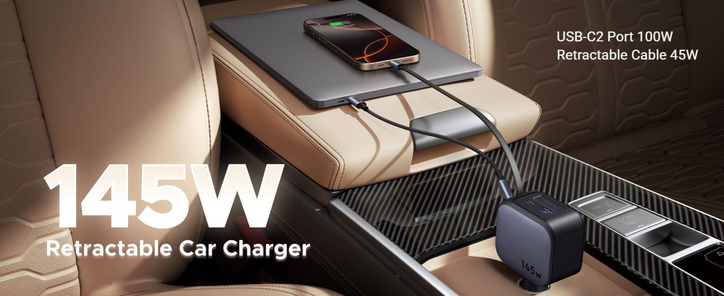 Text reads: '145W' and 'Retractable Car Charger'. Device shown is a black car charging unit with extending cable functionality.