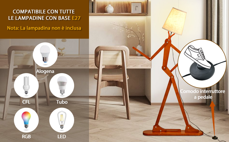 Lampada da terra a figure stilizzate arancioni con bracci regolabili. Compatibile con vari tipi di lampadine tra cui LED, CFL e RGB, come mostrato nell'infografica