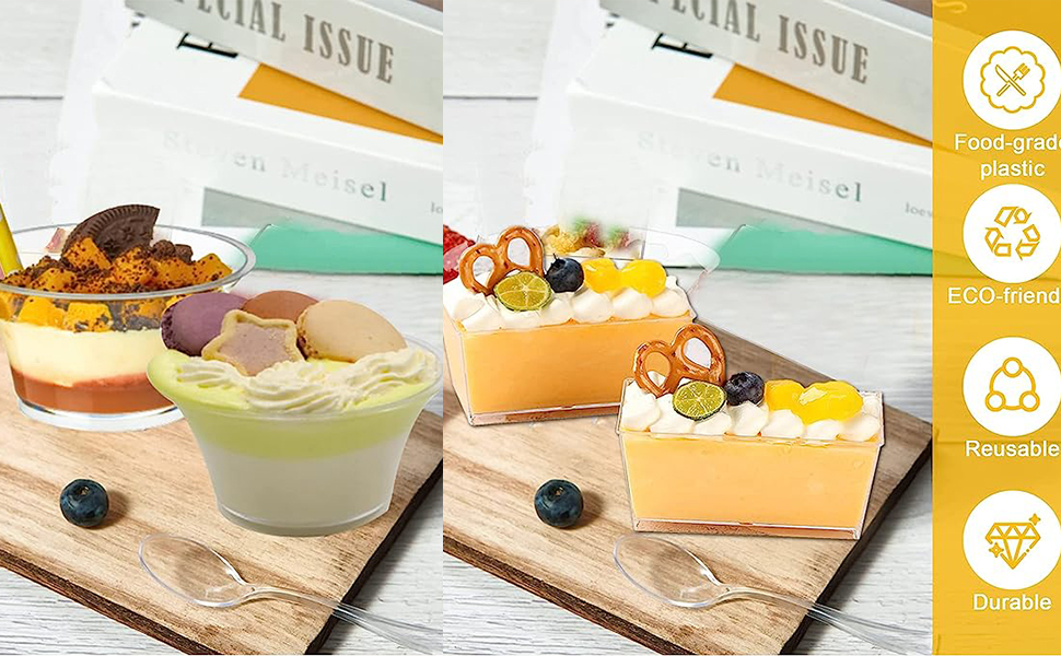 IS MUHE 100pcs Trapezoid Plastic Dessert Cups, 5oz Clear Plastic