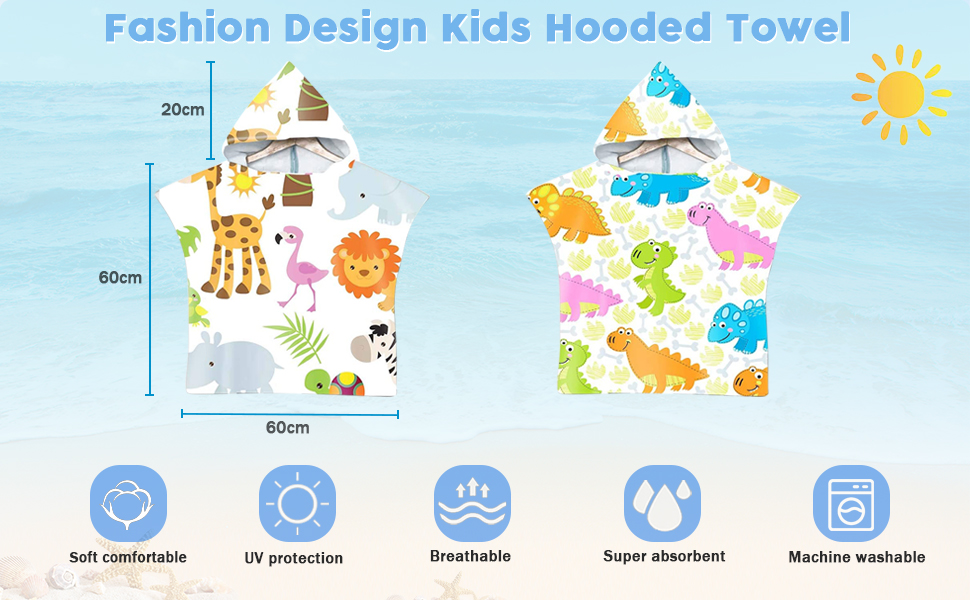 Kids Poncho Hooded Towels, Exquisite Pattern Beach Swimming Bath Towels with Hood
