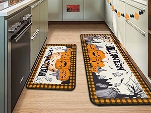 Halloweeen Buffalo Plaid Pumpkin Kitchen Rugs Set of 2