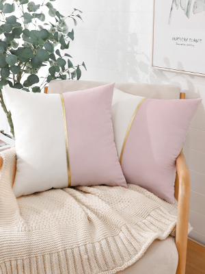 Artscope Pink White Velvet Cushion Covers with Gold Leather Patchwork Luxury Modern Minimalist Square Pillowcase Throw Pillow Covers for Living Room Bed Couch Sofa 45x45cm Set of 2 17 Set of 2 Cushion Cover for Luxury Modern Minimalist Gold Leather Stitching Wavy Stripes