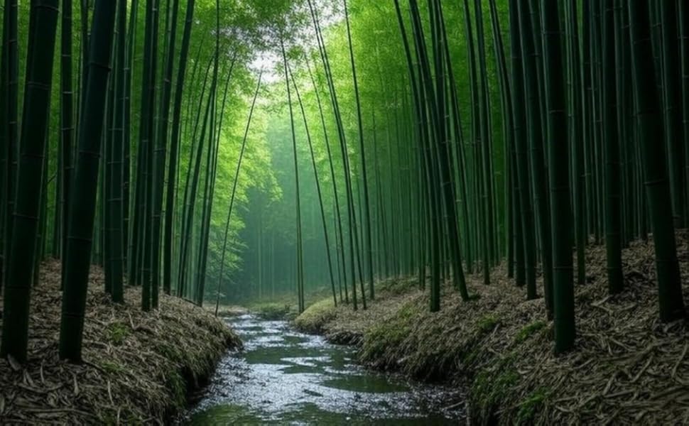 Sendero de bosque de bambú iluminado por el sol con altos tallos de bambú verde que crean un corredor natural. Una luz suave y mística se filtra a través del toldo creando una atmósfera tranquila.