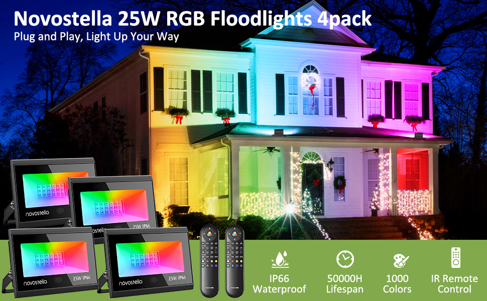 NOVOSTELLA 4 Pack 25W LED RGB Flood Lights with IR Remote IP66