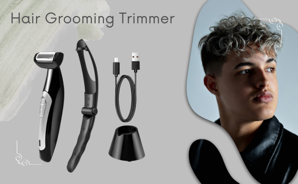 Text reads 'Hair Grooming Trimmer'. Product demonstration images showing black electric hair trimmer from multiple angles with accessories.