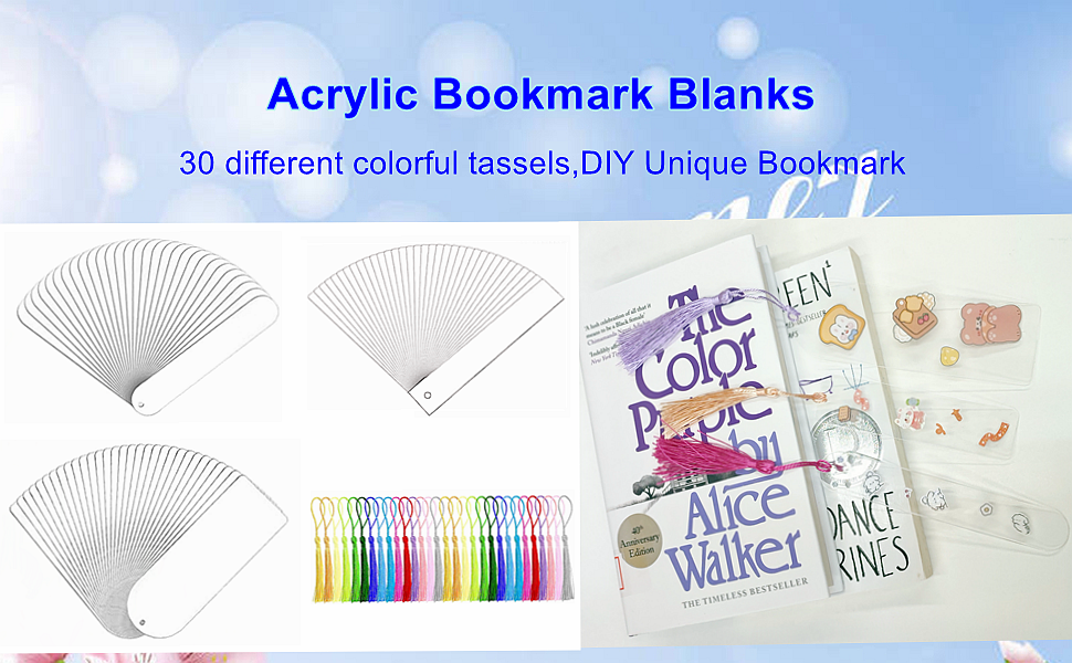 30PCS Acrylic Bookmark Blanks, Clear Acrylic Craft Bookmarks with 30PCS Colorful Tassels