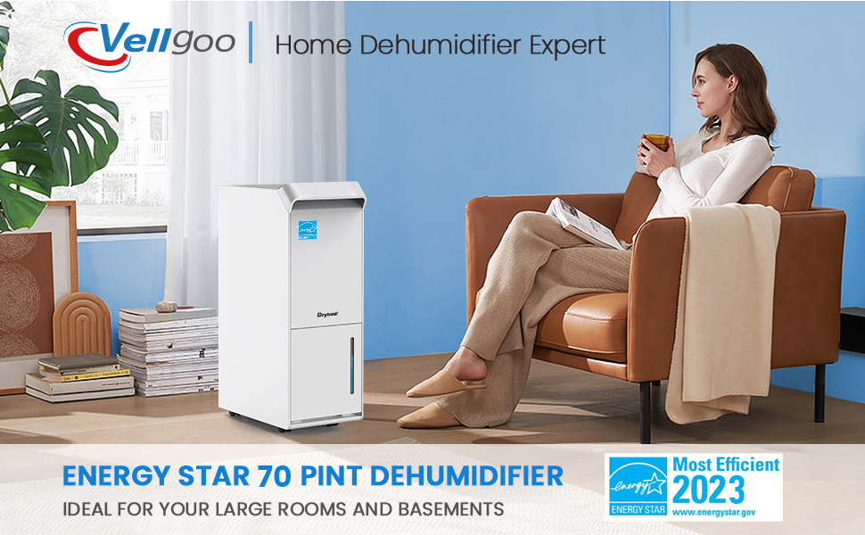 Vellgoo 70 Pint Energy Star Dehumidifier for Basement with