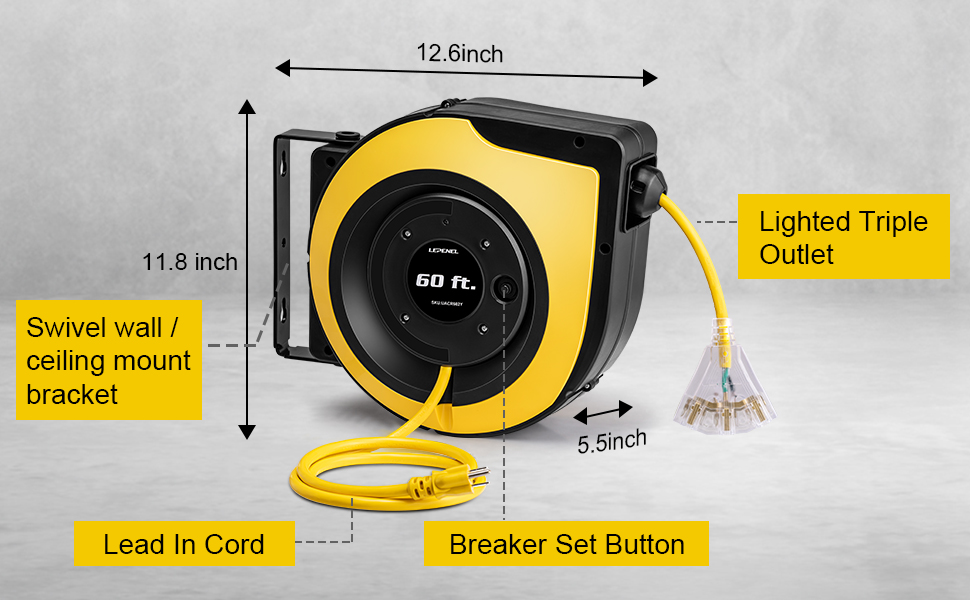 LEPENEL Retractable Extension Cord Reel, 60 FT, 3 Power Outlets with