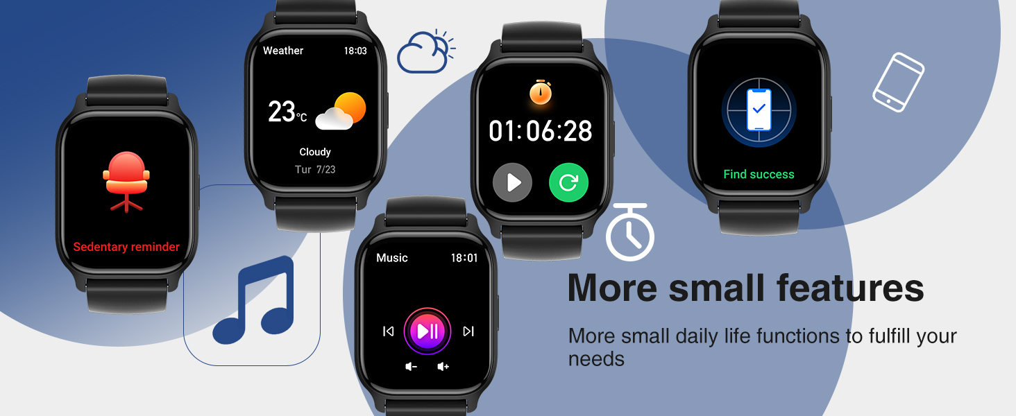 Multiple views of a black square smartwatch displaying various features including music controls, weather, time, and additional small daily functions.