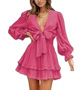 Dokotoo Womens Casual Spring Summer 2025 Deep V Neck Knotted Tiered Chiffon Elegant Mini Short Sw...