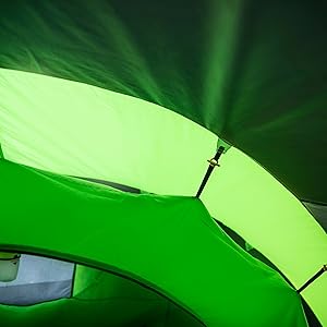 Vista interior de una carpa o toldo verde que muestra las costuras y los soportes estructurales contra la luz natural