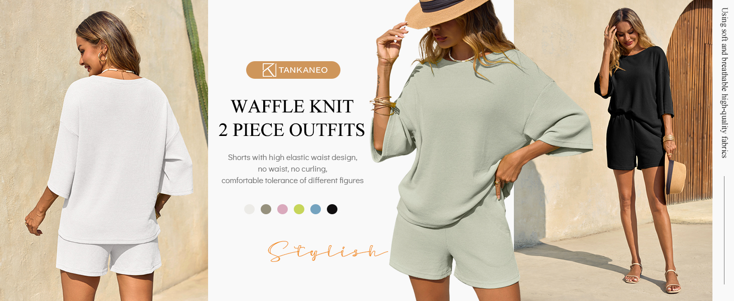 Womens Lounge Set 2 Piece Outfits Crewneck 3/4 Sleeve Tops and Shorts Casual Pajamas Sets