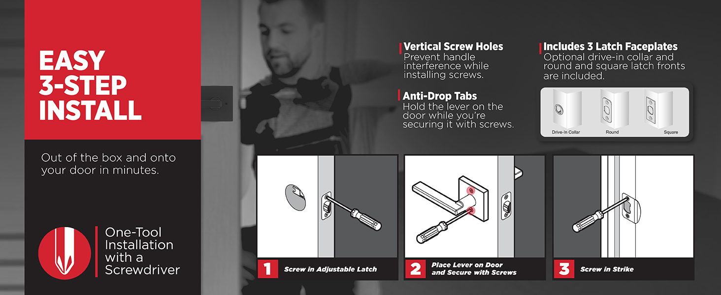 easy install three step vertical screw holes one-tool door levers