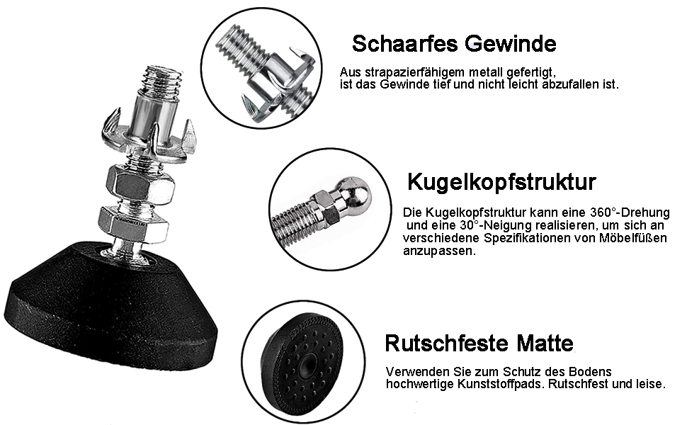 DQZE Set of 8 Adjustable Feet M10 x 50 mm, Adjustable Feet with Rubber