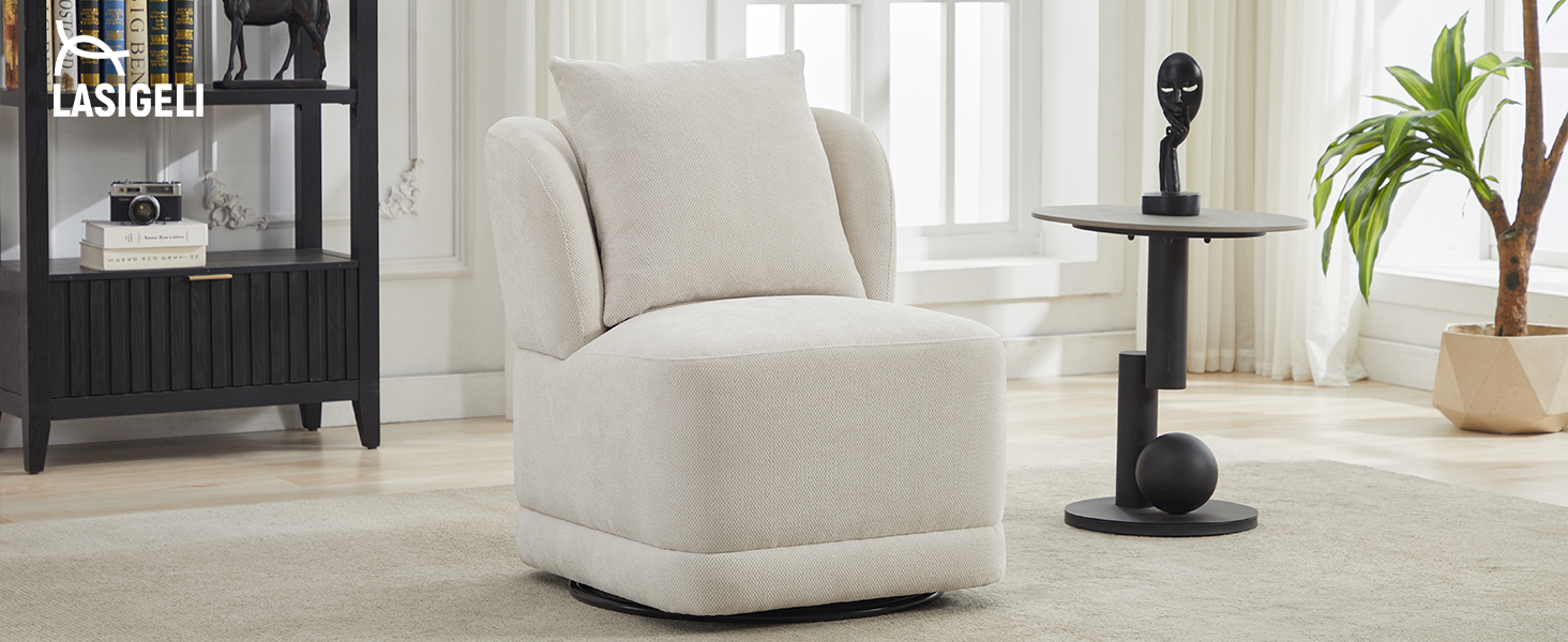 Swivel Accent Chair for Living Room,360° Rotating Barrel Chair with Square Back Pillow,Cream White