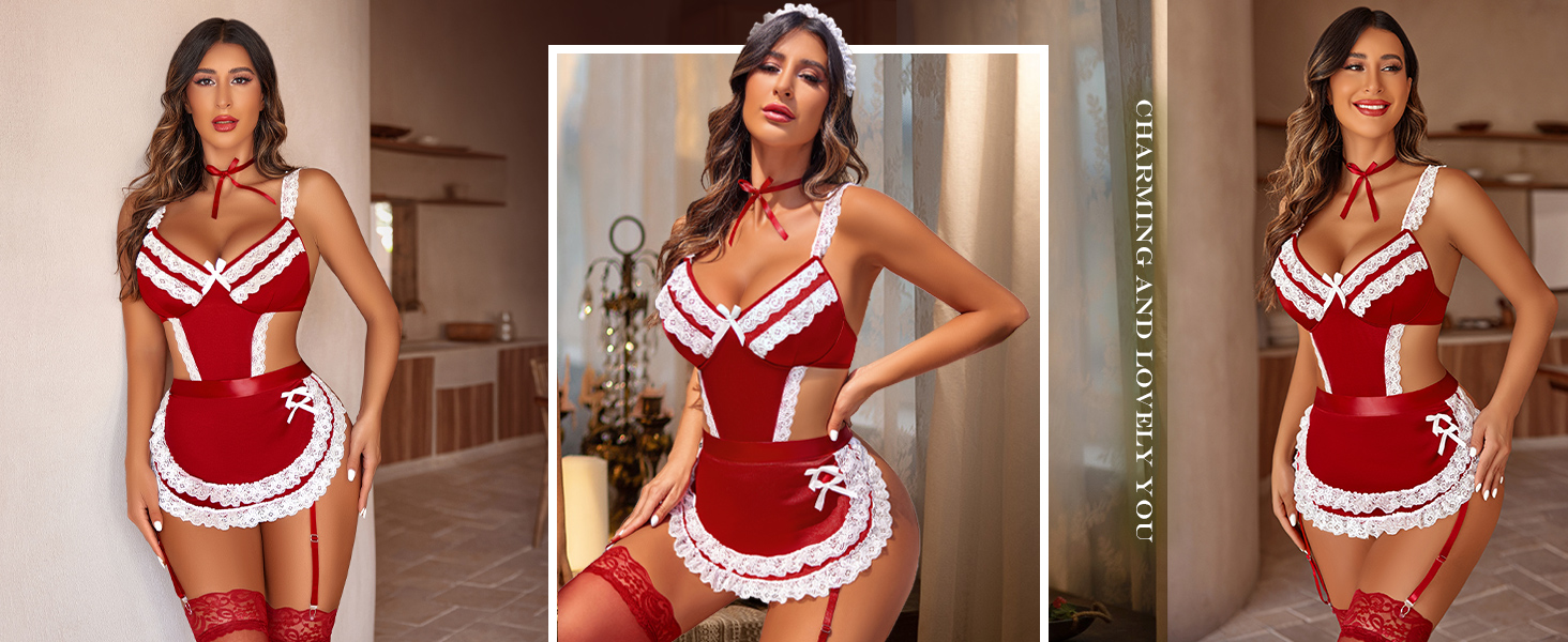 Womens lace teddy lingerie has unique design, the chocker apron and necklace