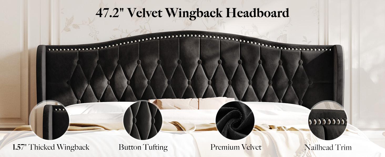 king size velvet upholstered bed frame with 47.24-inch headboard