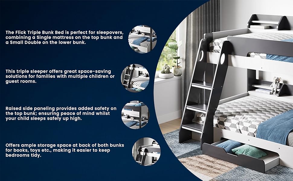 Flair Flick Triple Bunk Bed With Shelves And Drawer Grey Amazon.co